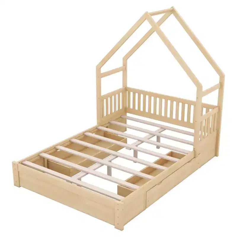 Queen Size House Platform Bed with 2 Storage Drawers, Wood Kids Bed Frame with Shelves and Guardrail