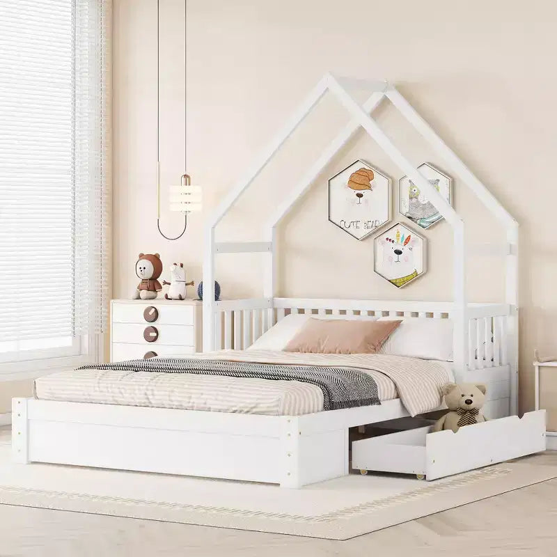Queen Size House Platform Bed with 2 Storage Drawers, Wood Kids Bed Frame with Shelves and Guardrail