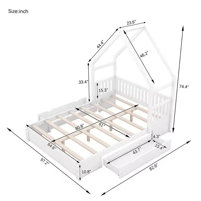 Queen Size House Platform Bed with 2 Storage Drawers, Wood Kids Bed Frame with Shelves and Guardrail