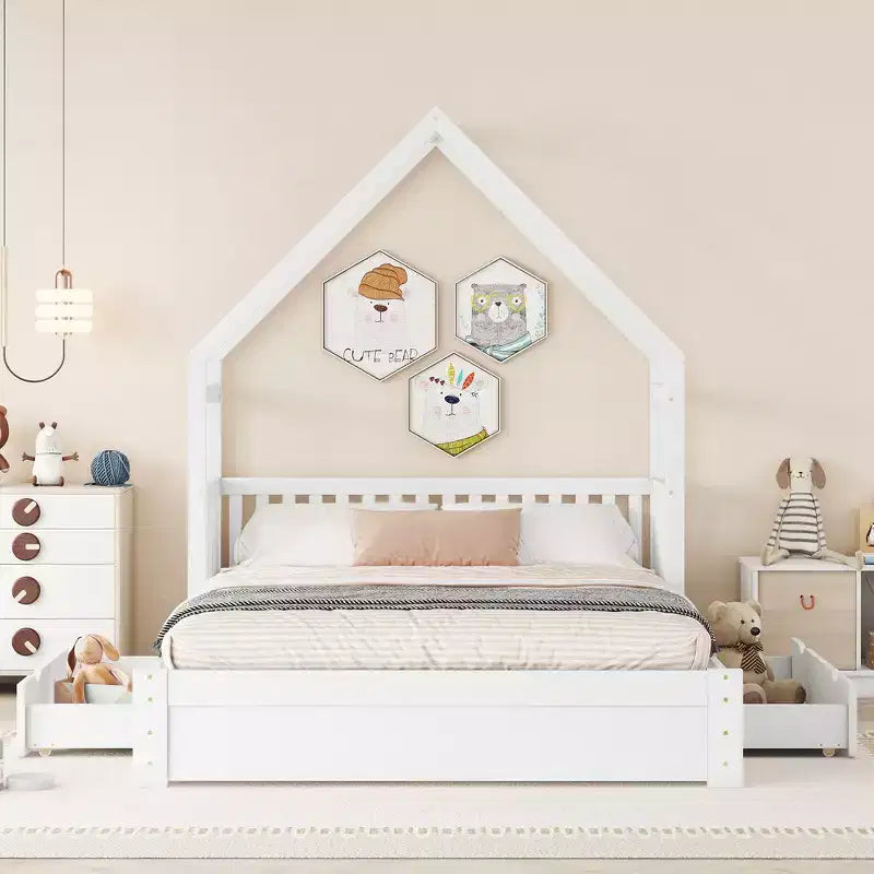 Queen Size House Platform Bed with 2 Storage Drawers, Wood Kids Bed Frame with Shelves and Guardrail