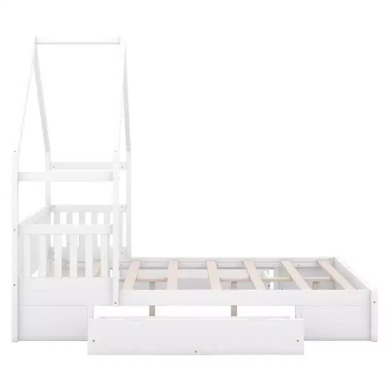 Queen Size House Platform Bed with 2 Storage Drawers, Wood Kids Bed Frame with Shelves and Guardrail