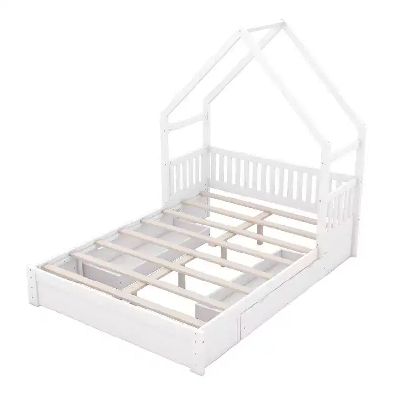 Queen Size House Platform Bed with 2 Storage Drawers, Wood Kids Bed Frame with Shelves and Guardrail