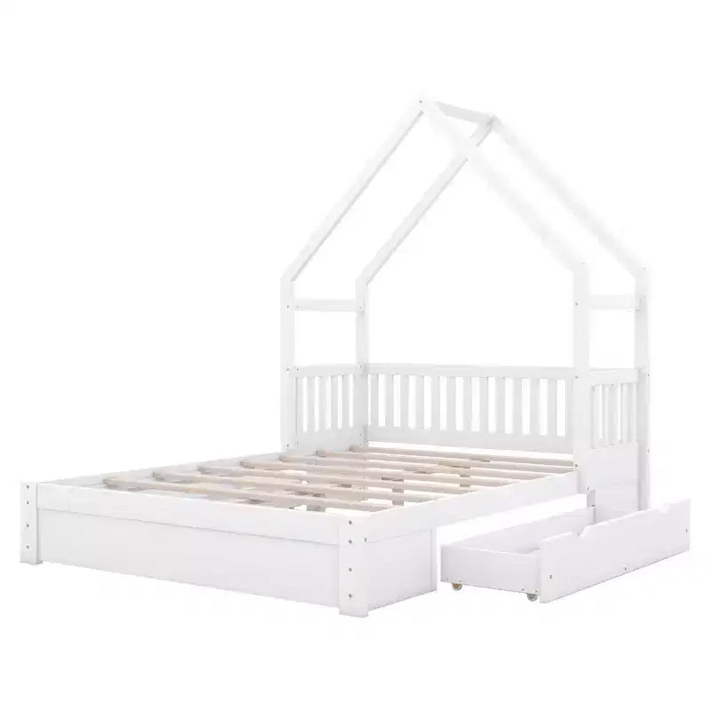 Queen Size House Platform Bed with 2 Storage Drawers, Wood Kids Bed Frame with Shelves and Guardrail