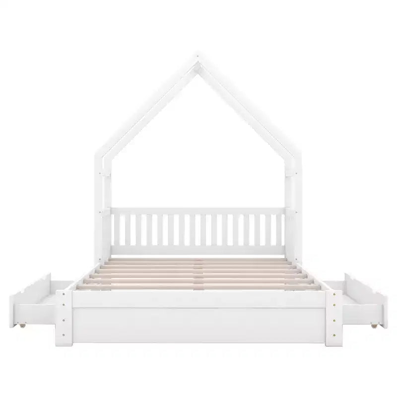 Queen Size House Platform Bed with 2 Storage Drawers, Wood Kids Bed Frame with Shelves and Guardrail