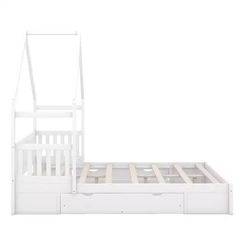 Queen Size House Platform Bed with 2 Storage Drawers, Wood Kids Bed Frame with Shelves and Guardrail