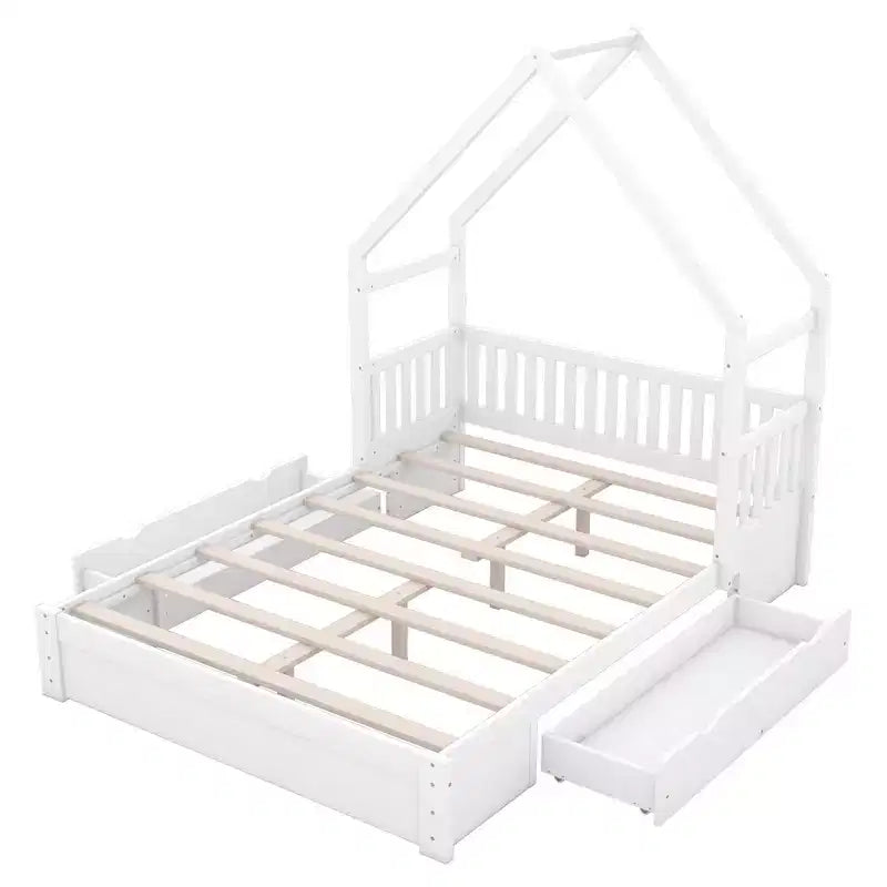 Queen Size House Platform Bed with 2 Storage Drawers, Wood Kids Bed Frame with Shelves and Guardrail