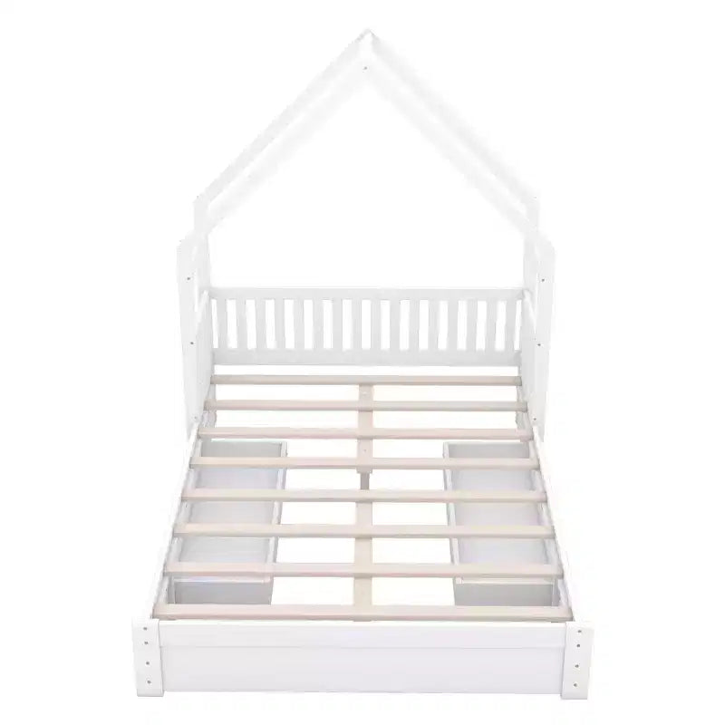 Queen Size House Platform Bed with 2 Storage Drawers, Wood Kids Bed Frame with Shelves and Guardrail