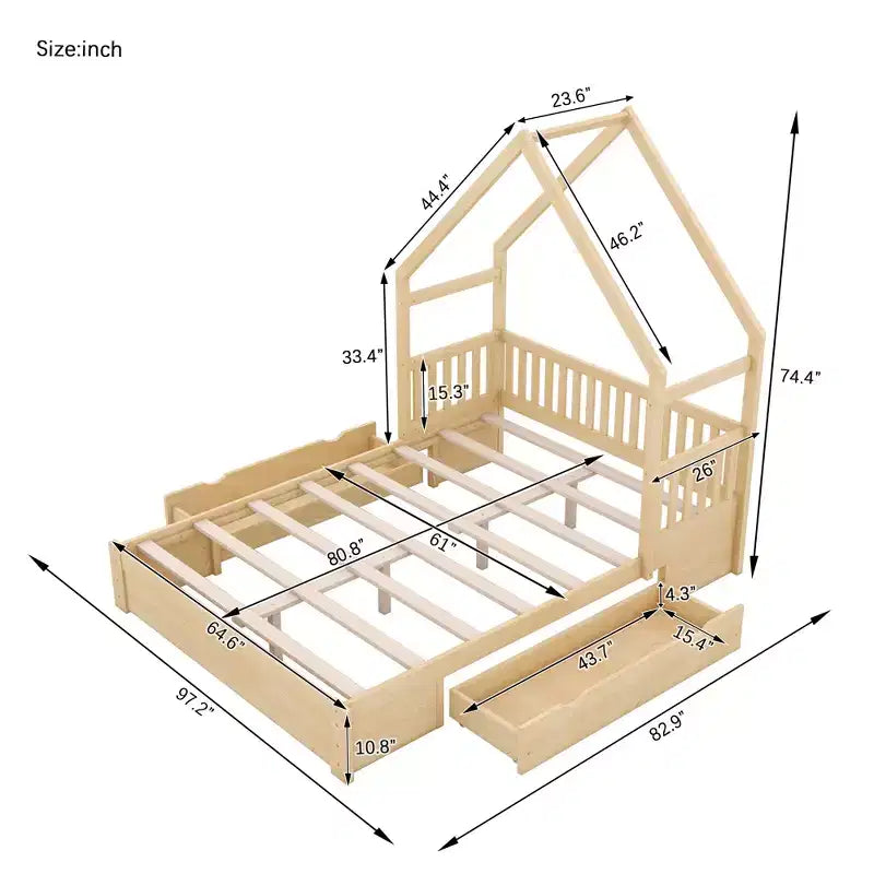 Queen Size House Platform Bed with 2 Storage Drawers, Wood Kids Bed Frame with Shelves and Guardrail
