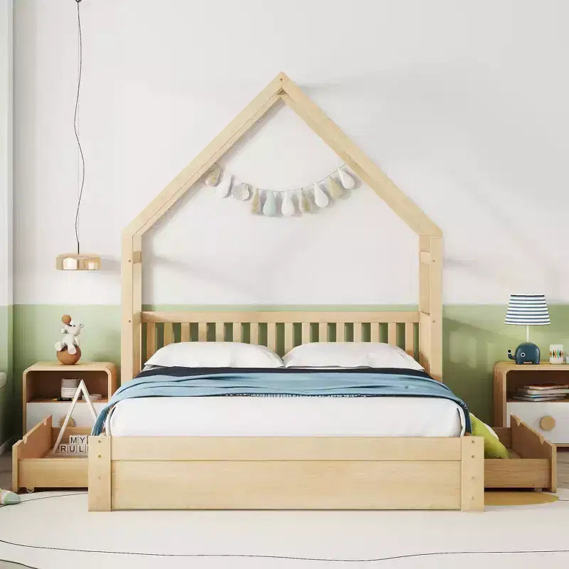 Queen Size House Platform Bed with 2 Storage Drawers, Wood Kids Bed Frame with Shelves and Guardrail