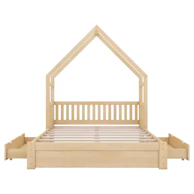 Queen Size House Platform Bed with 2 Storage Drawers, Wood Kids Bed Frame with Shelves and Guardrail