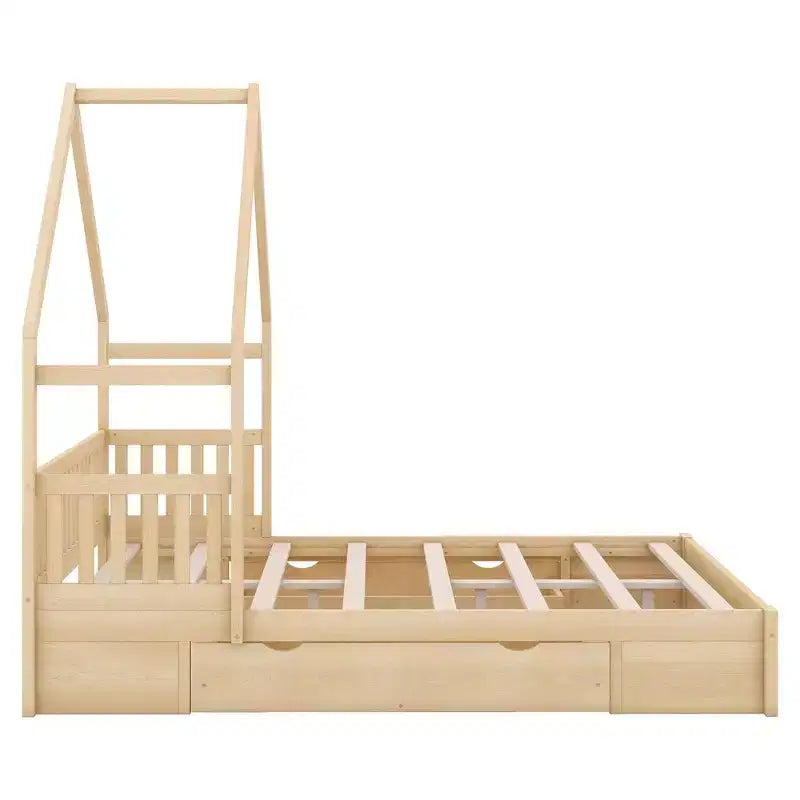 Queen Size House Platform Bed with 2 Storage Drawers, Wood Kids Bed Frame with Shelves and Guardrail