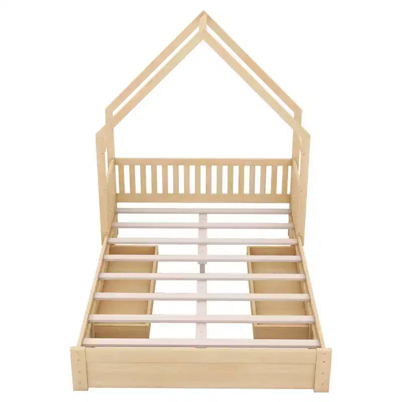 Queen Size House Platform Bed with 2 Storage Drawers, Wood Kids Bed Frame with Shelves and Guardrail