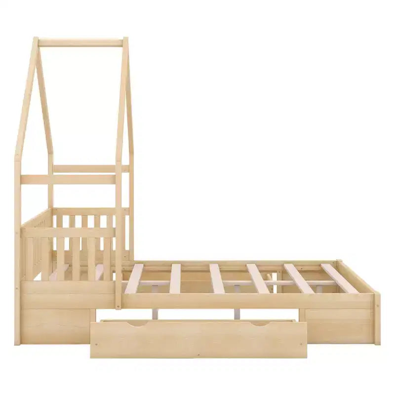 Queen Size House Platform Bed with 2 Storage Drawers, Wood Kids Bed Frame with Shelves and Guardrail