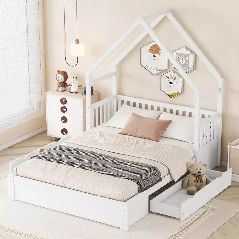 Queen Size House Platform Bed with 2 Storage Drawers, Wood Kids Bed Frame with Shelves and Guardrail