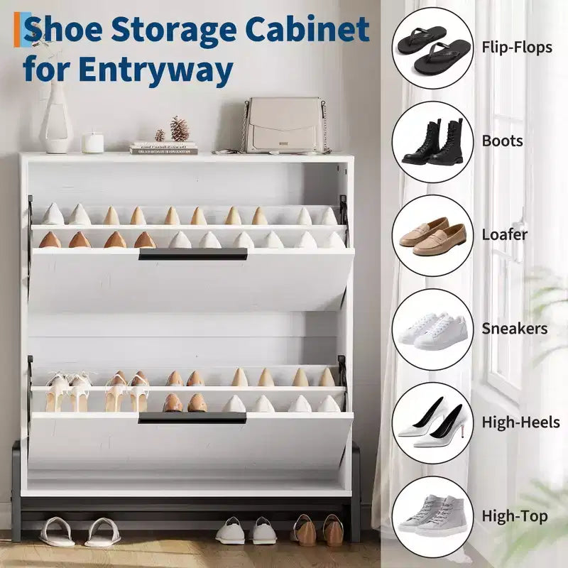 Narrow Shoe Cabinet  2 Flip-Drawer Storage Organizer with Metal Legs for Entryway/Hallway (Freestanding Design)