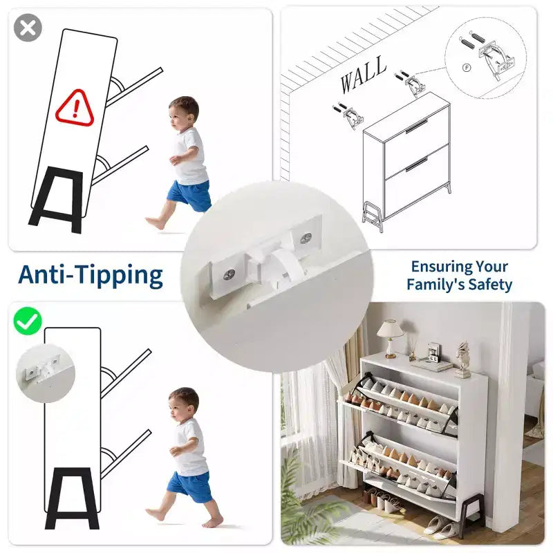 Narrow Shoe Cabinet  2 Flip-Drawer Storage Organizer with Metal Legs for Entryway/Hallway (Freestanding Design)