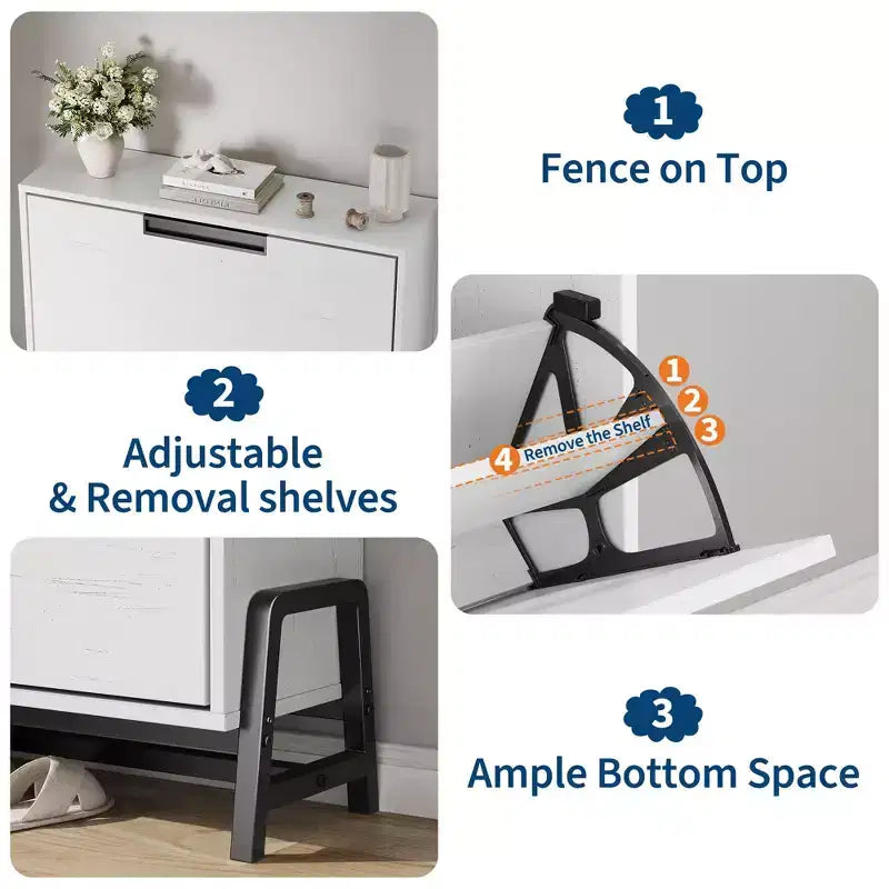 Narrow Shoe Cabinet  2 Flip-Drawer Storage Organizer with Metal Legs for Entryway/Hallway (Freestanding Design)