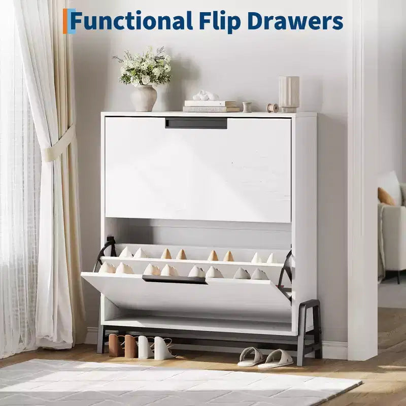 Narrow Shoe Cabinet  2 Flip-Drawer Storage Organizer with Metal Legs for Entryway/Hallway (Freestanding Design)