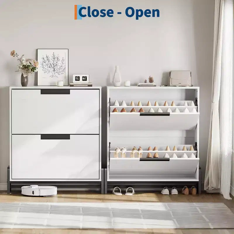 Narrow Shoe Cabinet  2 Flip-Drawer Storage Organizer with Metal Legs for Entryway/Hallway (Freestanding Design)