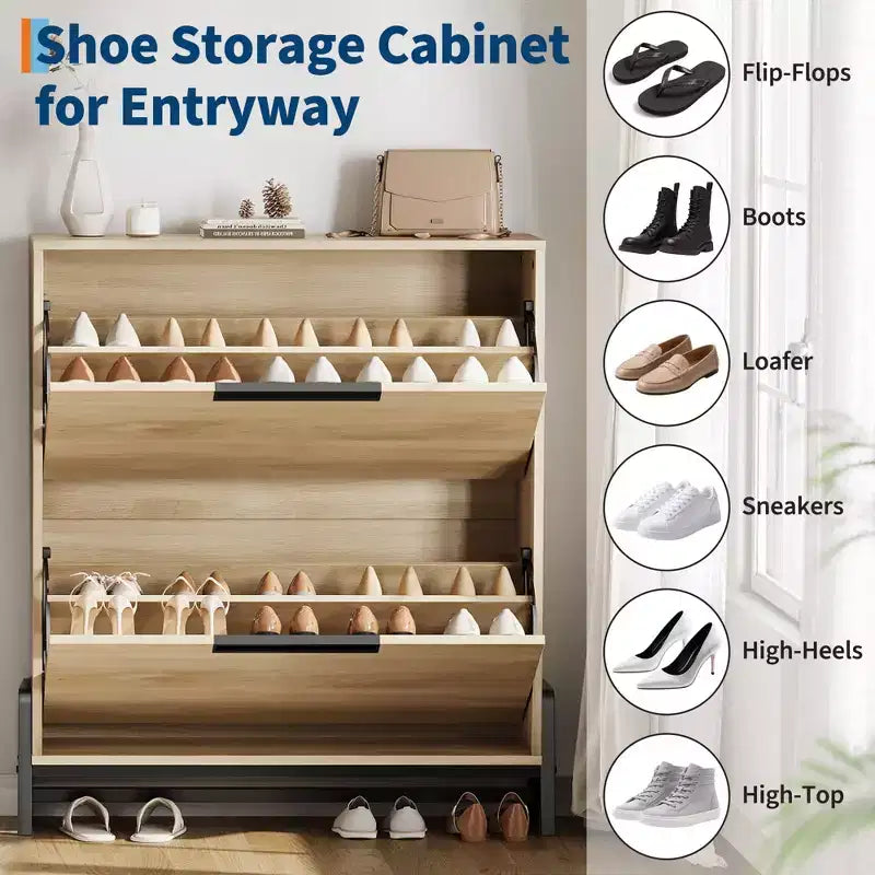 Narrow Shoe Cabinet  2 Flip-Drawer Storage Organizer with Metal Legs for Entryway/Hallway (Freestanding Design)