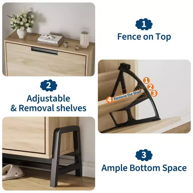 Narrow Shoe Cabinet  2 Flip-Drawer Storage Organizer with Metal Legs for Entryway/Hallway (Freestanding Design)