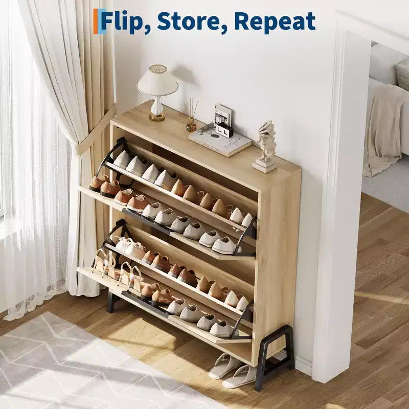 Narrow Shoe Cabinet  2 Flip-Drawer Storage Organizer with Metal Legs for Entryway/Hallway (Freestanding Design)