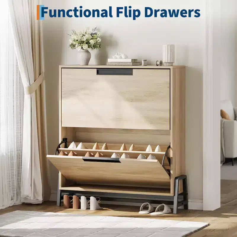 Narrow Shoe Cabinet  2 Flip-Drawer Storage Organizer with Metal Legs for Entryway/Hallway (Freestanding Design)