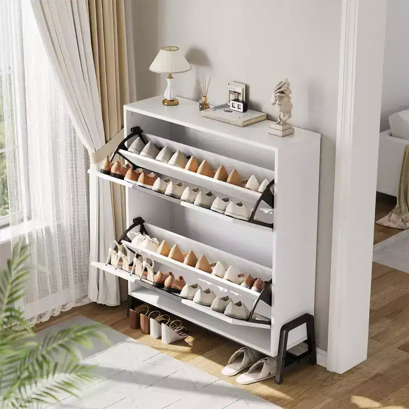 Narrow Shoe Cabinet  2 Flip-Drawer Storage Organizer with Metal Legs for Entryway/Hallway (Freestanding Design)