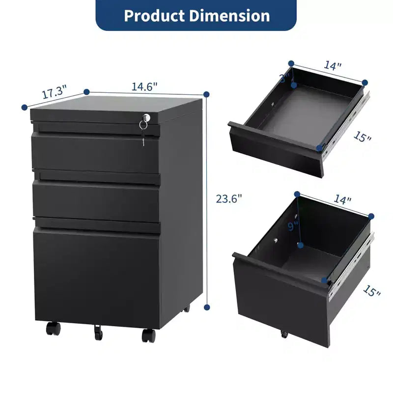 3 Drawer Mobile File Cabinet with Lock and Wheels, 24 Office Lateral Filing Cabinet Under Desk Metal Filing Cabinet