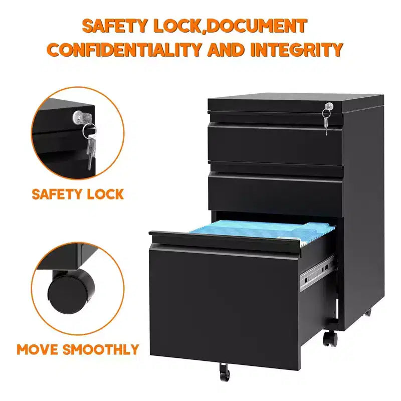3 Drawer Mobile File Cabinet with Lock and Wheels, 24 Office Lateral Filing Cabinet Under Desk Metal Filing Cabinet