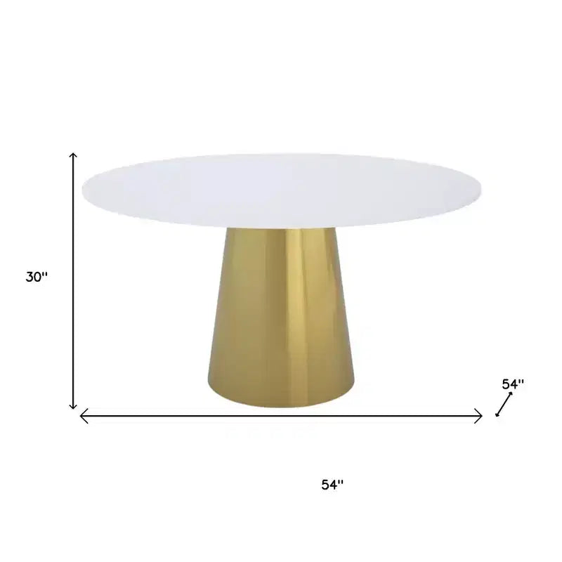 54 in. Gray White and Gold Marble and Metal Pedestal Base Round Dining Table