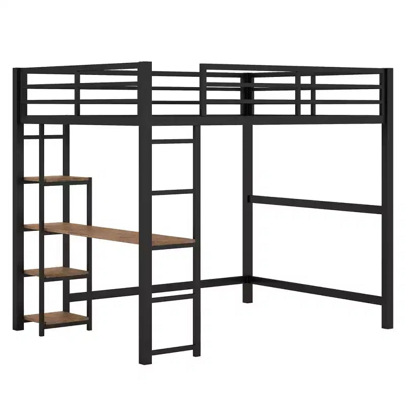 Full Metal Loft Bed with Desk and Storage Shelves, High Full Loft Bed with Guardrails for Kids Teens, Black