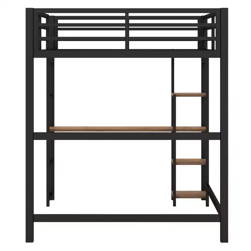 Full Metal Loft Bed with Desk and Storage Shelves, High Full Loft Bed with Guardrails for Kids Teens, Black