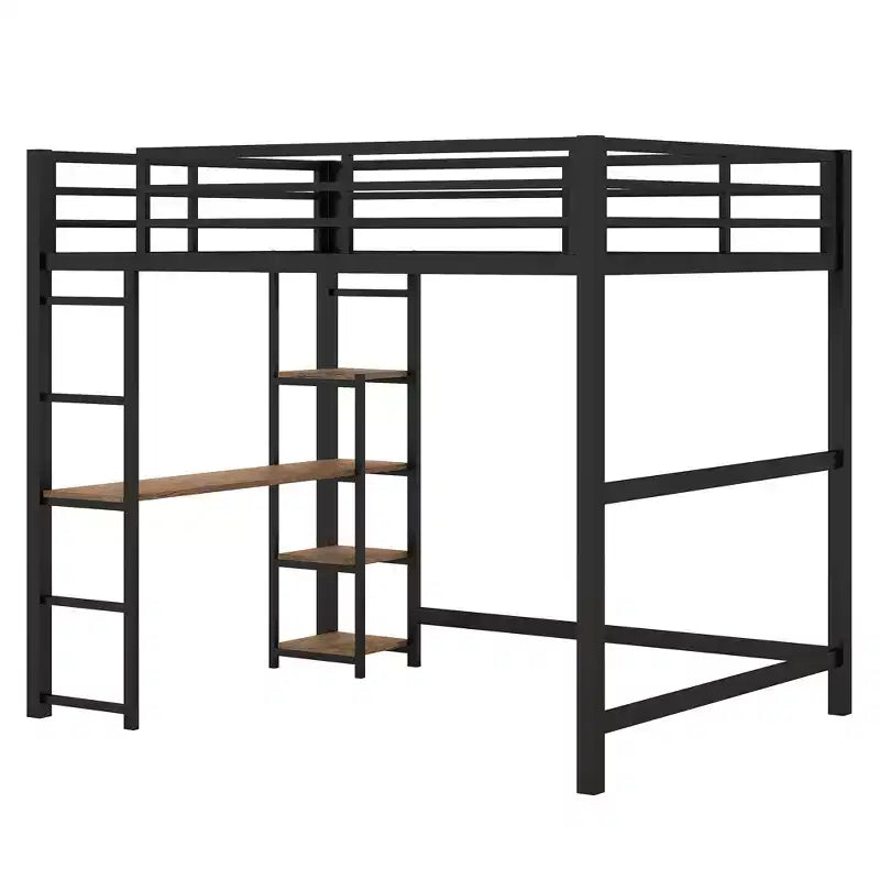 Full Metal Loft Bed with Desk and Storage Shelves, High Full Loft Bed with Guardrails for Kids Teens, Black