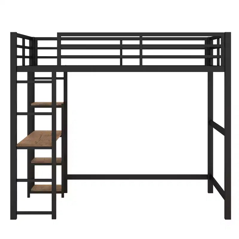 Full Metal Loft Bed with Desk and Storage Shelves, High Full Loft Bed with Guardrails for Kids Teens, Black