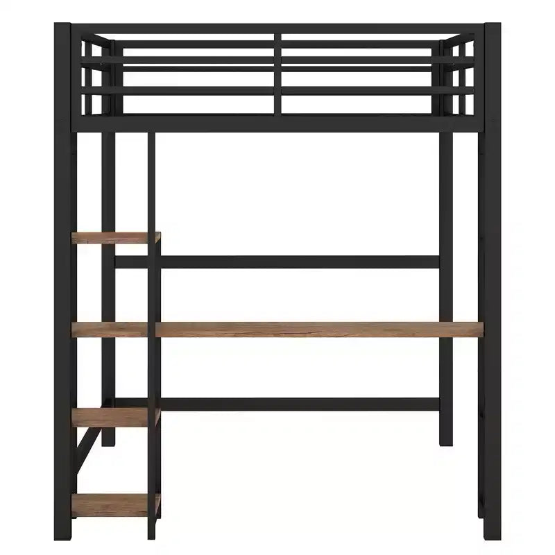 Full Metal Loft Bed with Desk and Storage Shelves, High Full Loft Bed with Guardrails for Kids Teens, Black