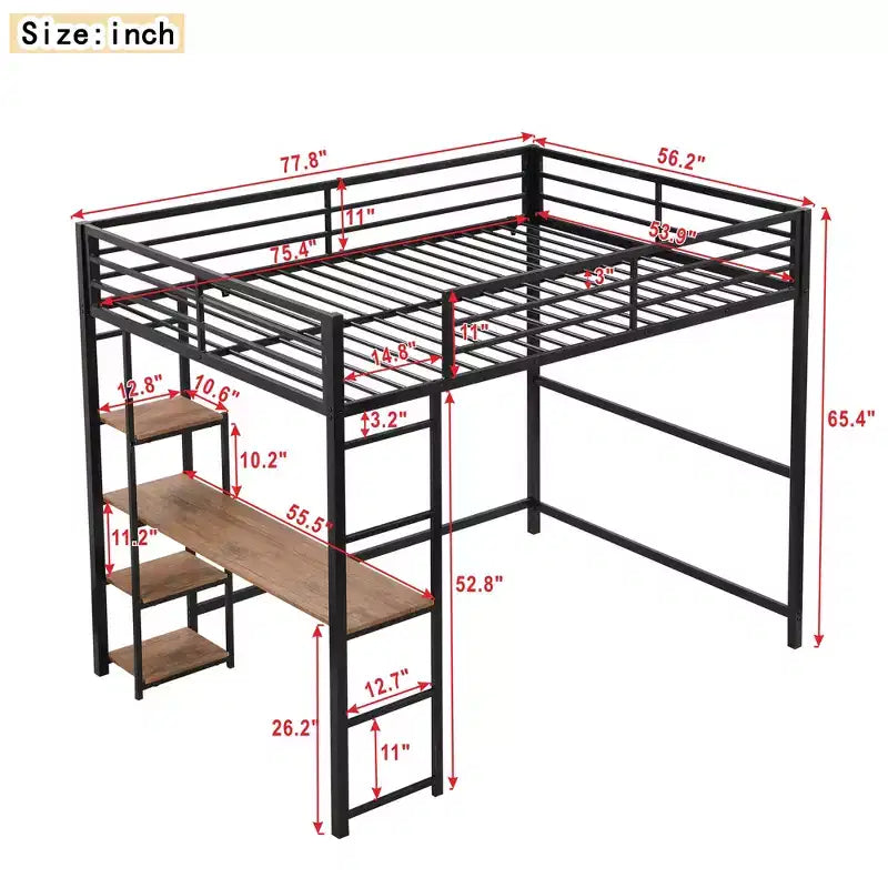 Full Metal Loft Bed with Desk and Storage Shelves, High Full Loft Bed with Guardrails for Kids Teens, Black