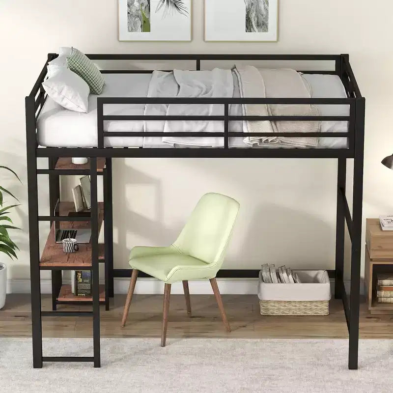Full Metal Loft Bed with Desk and Storage Shelves, High Full Loft Bed with Guardrails for Kids Teens, Black