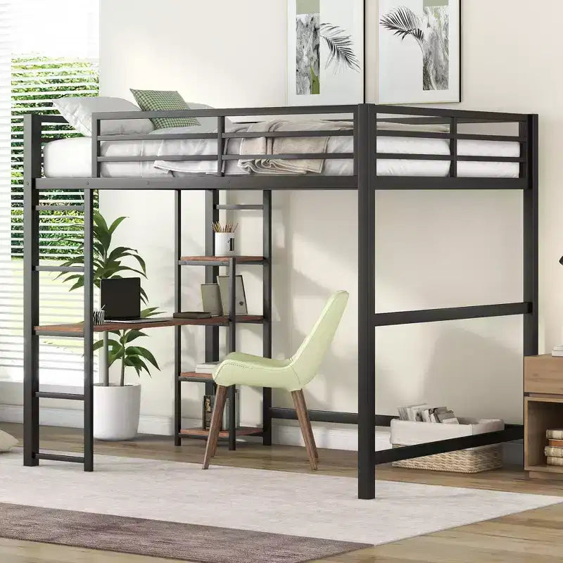 Full Metal Loft Bed with Desk and Storage Shelves, High Full Loft Bed with Guardrails for Kids Teens, Black