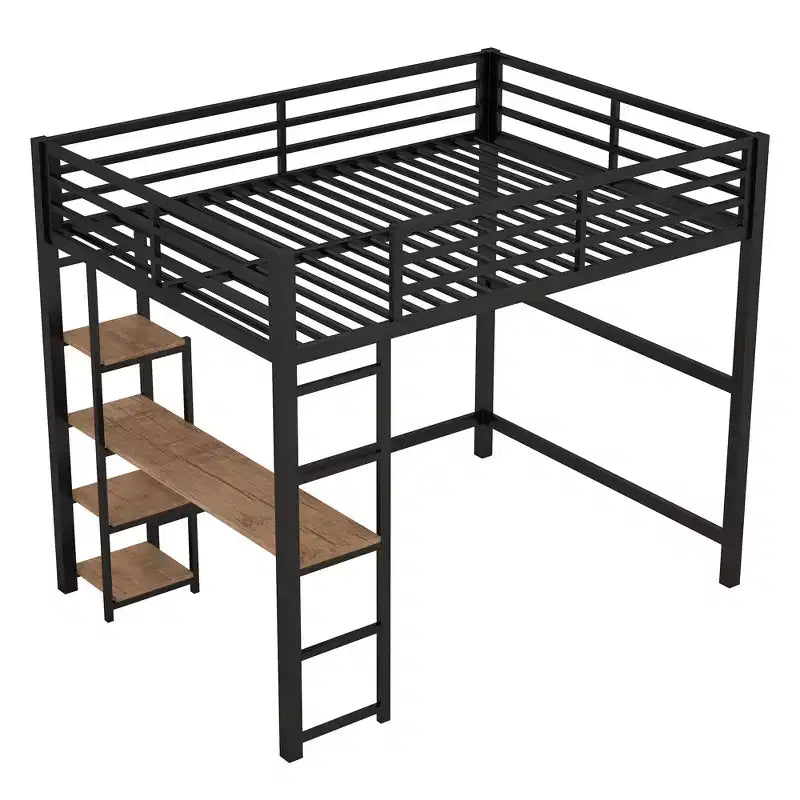 Full Metal Loft Bed with Desk and Storage Shelves, High Full Loft Bed with Guardrails for Kids Teens, Black