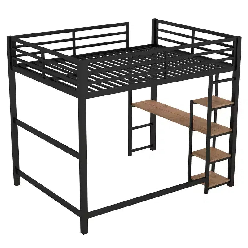 Full Metal Loft Bed with Desk and Storage Shelves, High Full Loft Bed with Guardrails for Kids Teens, Black