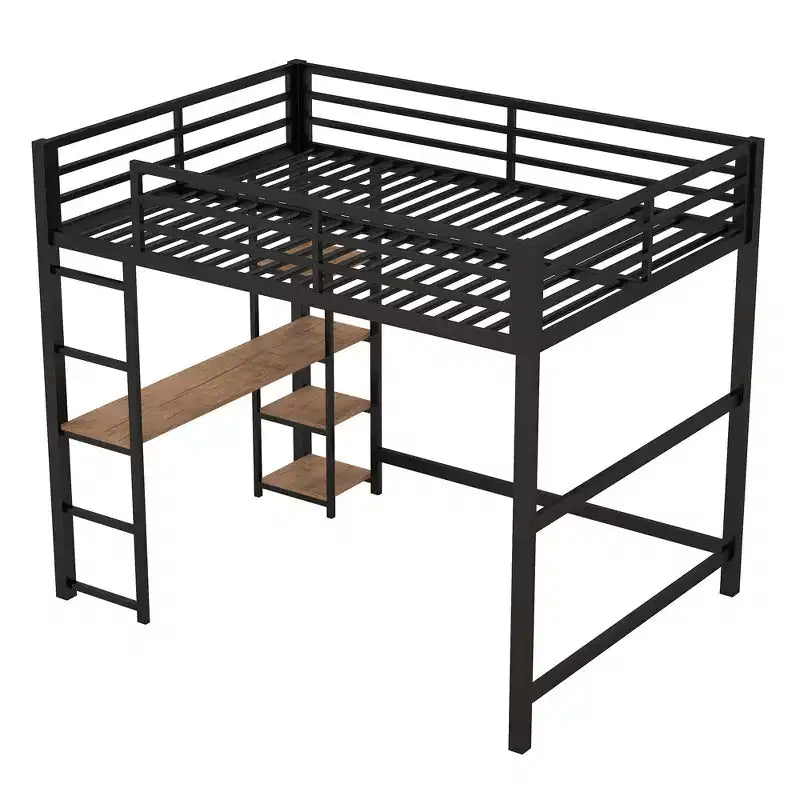 Full Metal Loft Bed with Desk and Storage Shelves, High Full Loft Bed with Guardrails for Kids Teens, Black