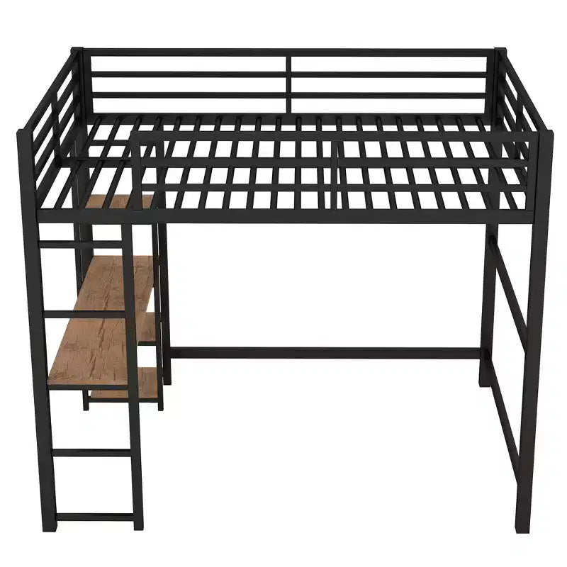 Full Metal Loft Bed with Desk and Storage Shelves, High Full Loft Bed with Guardrails for Kids Teens, Black