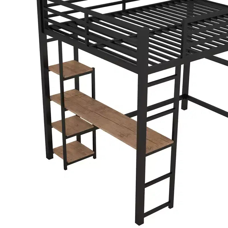 Full Metal Loft Bed with Desk and Storage Shelves, High Full Loft Bed with Guardrails for Kids Teens, Black