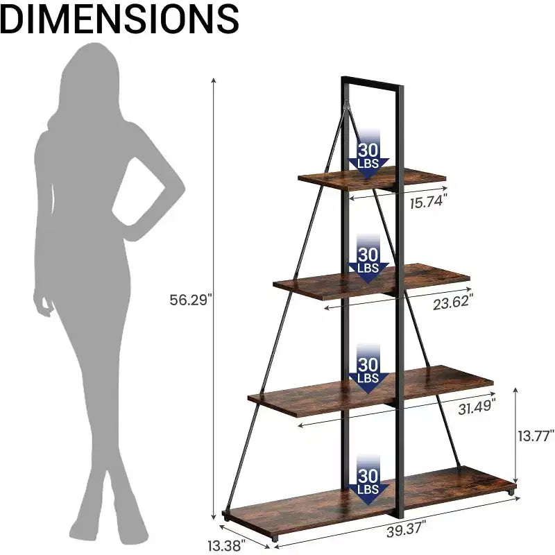 4-Tier Ladder Bookshelf, Multifunctional A-Shaped Bookcase, Storage Organizer, Industrial Metal Frame for Living Room, Home Office
