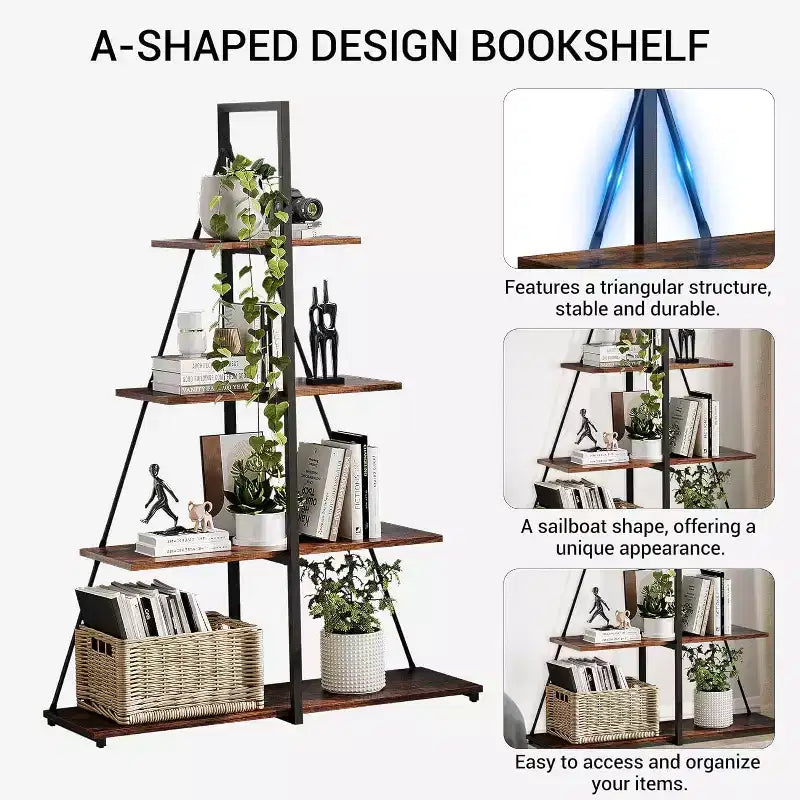 4-Tier Ladder Bookshelf, Multifunctional A-Shaped Bookcase, Storage Organizer, Industrial Metal Frame for Living Room, Home Office