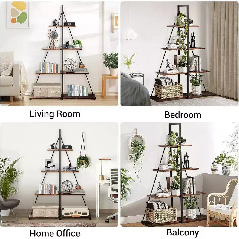 4-Tier Ladder Bookshelf, Multifunctional A-Shaped Bookcase, Storage Organizer, Industrial Metal Frame for Living Room, Home Office