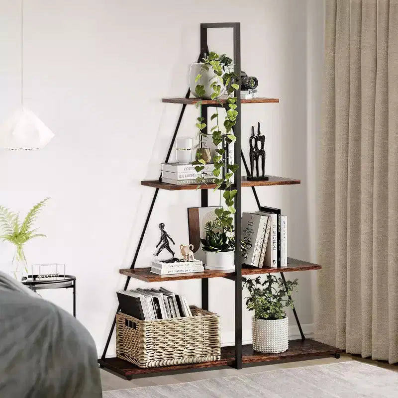 4-Tier Ladder Bookshelf, Multifunctional A-Shaped Bookcase, Storage Organizer, Industrial Metal Frame for Living Room, Home Office