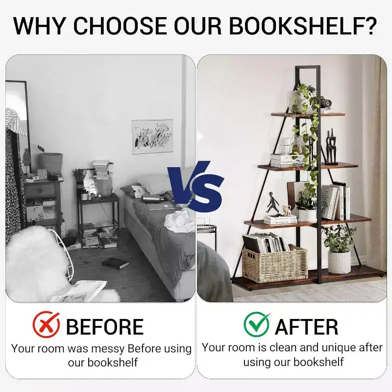 4-Tier Ladder Bookshelf, Multifunctional A-Shaped Bookcase, Storage Organizer, Industrial Metal Frame for Living Room, Home Office