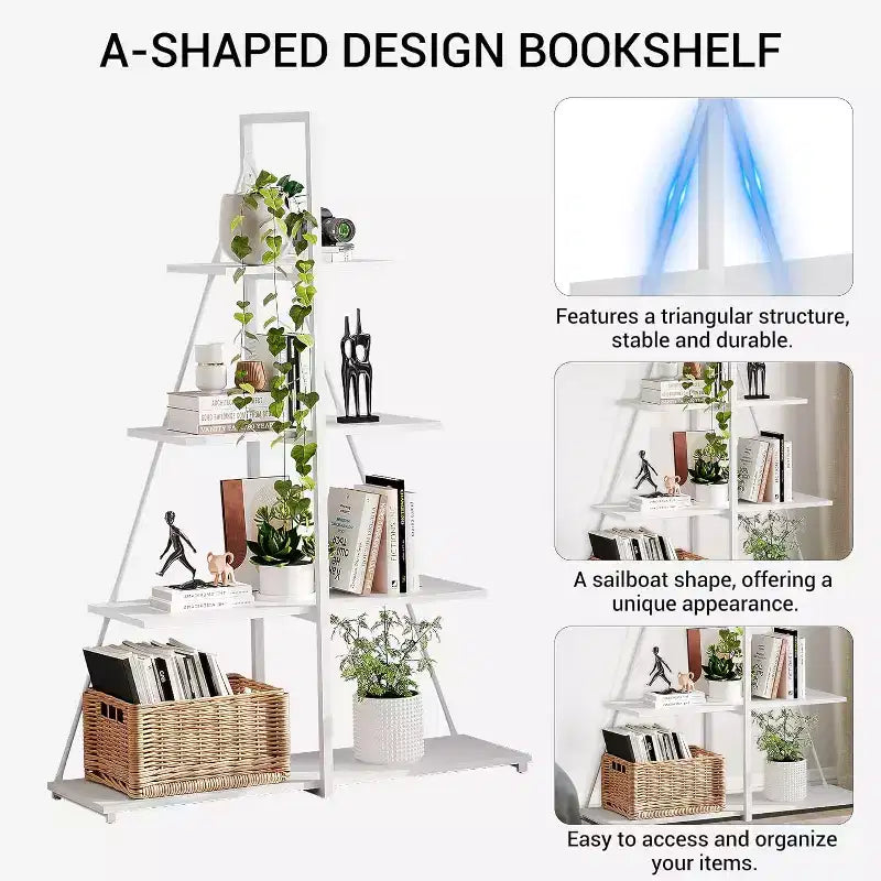 4-Tier Ladder Bookshelf, Multifunctional A-Shaped Bookcase, Storage Organizer, Industrial Metal Frame for Living Room, Home Office